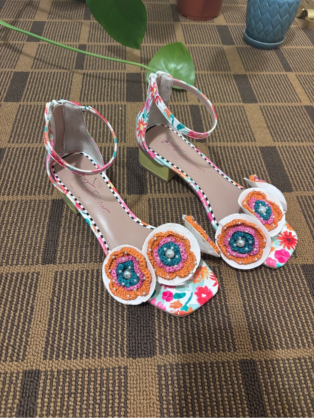Floral Ankle-Strap Block Heel Sandals